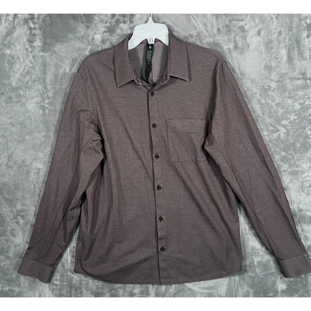 Lululemon Commission Button Up Shirt Mens Medium Long Sleeve Pocket Gray Brown